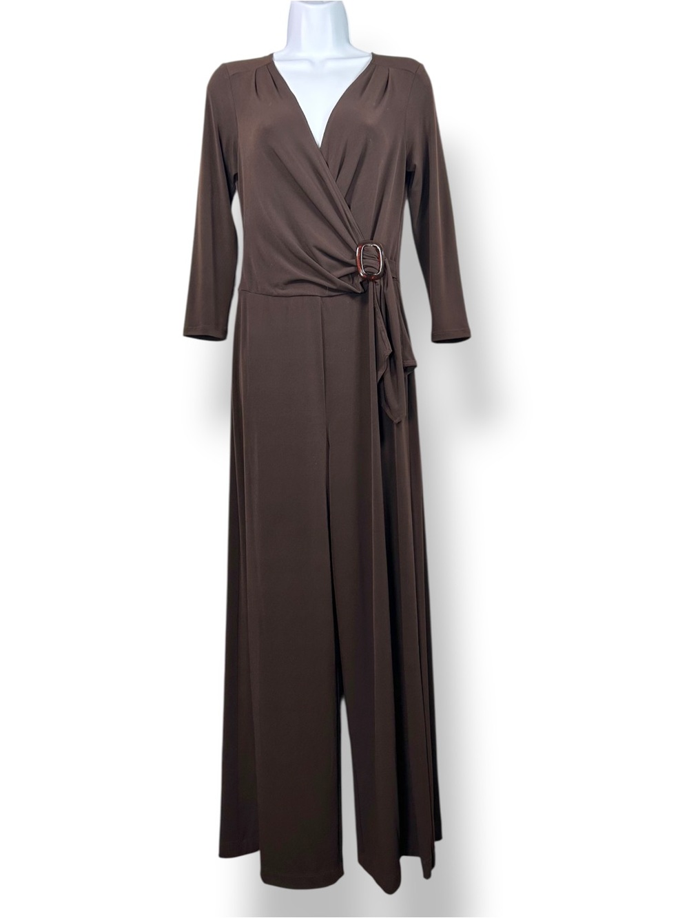 4/$20 André Olivier Brown Faux Wrap Wide Leg Jumpsuit Buckle Accent Size 6 - Picture 3 of 5